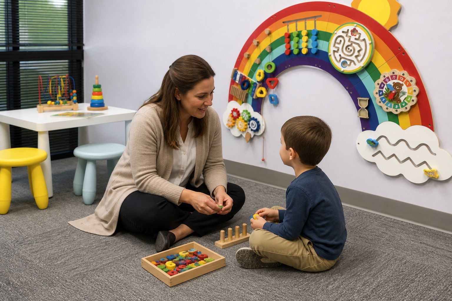 A psychologist and young child seated on the floor during an autism evaluation session in a colorful clinic playroom