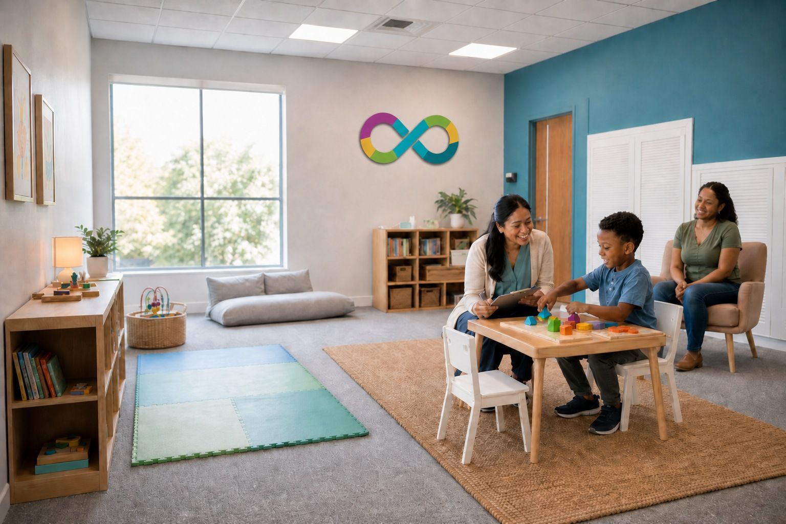 An Axis for Autism evaluator working with a young child during a play-based assessment